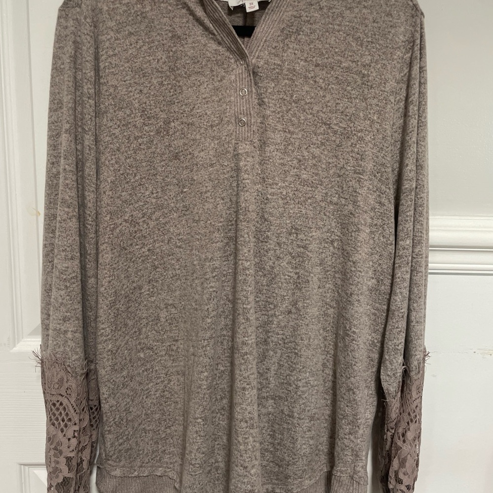 Gray Long Sleeve Top with Lace Cuffs